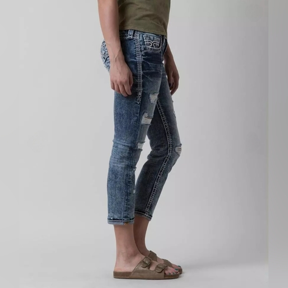 Rock Revival "Jena Crop" Distressed Cropped Ankle Blue Jean | Women's Size 27 - Picture 2 of 15